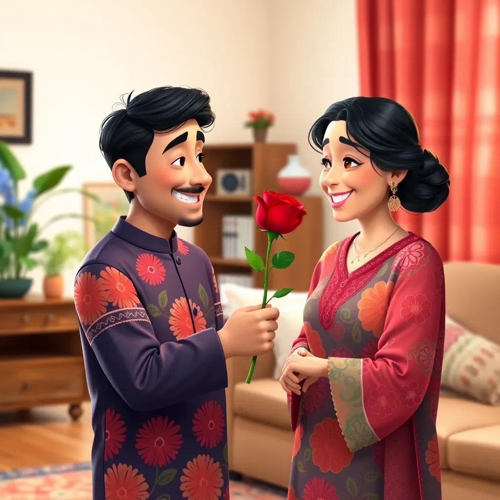 Ahmad presenting the red rose to his mother, who is wearing a colorful dress, heartwarming moment with smiles, living room bright and comforting, high quality