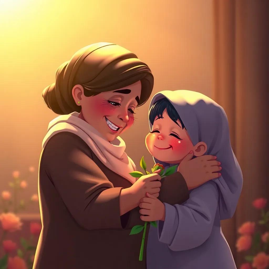 His mother accepting the rose with tears of joy, hugging Ahmad tightly, warm lighting, love and family atmosphere, high quality