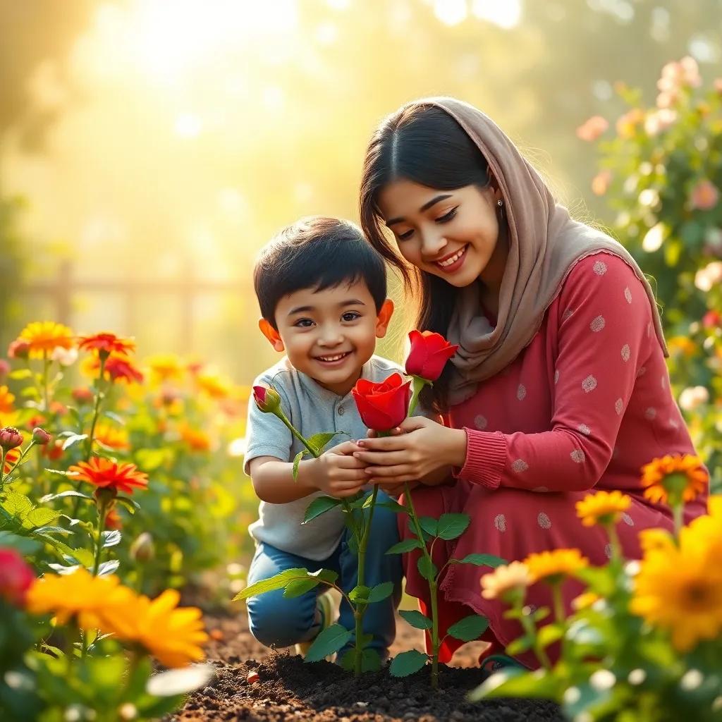 Ahmad and his mother planting the red rose in their garden, surrounded by other flowers and sunlight, happy expressions, bonding moment in nature, high quality