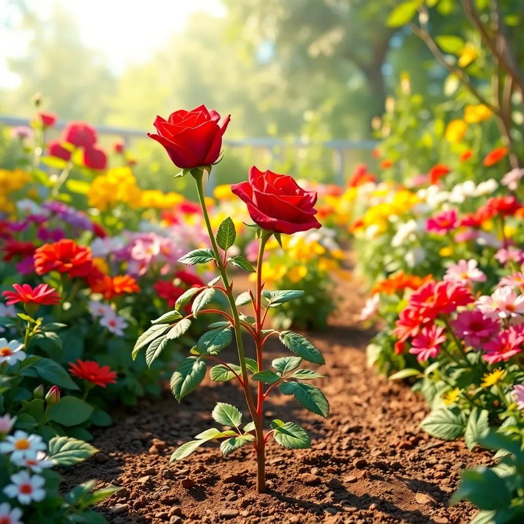 A flourishing garden with the red rose planted by Ahmad and his mother, colorful flowers around, bright sunlight, harmonious and loving environment, high quality