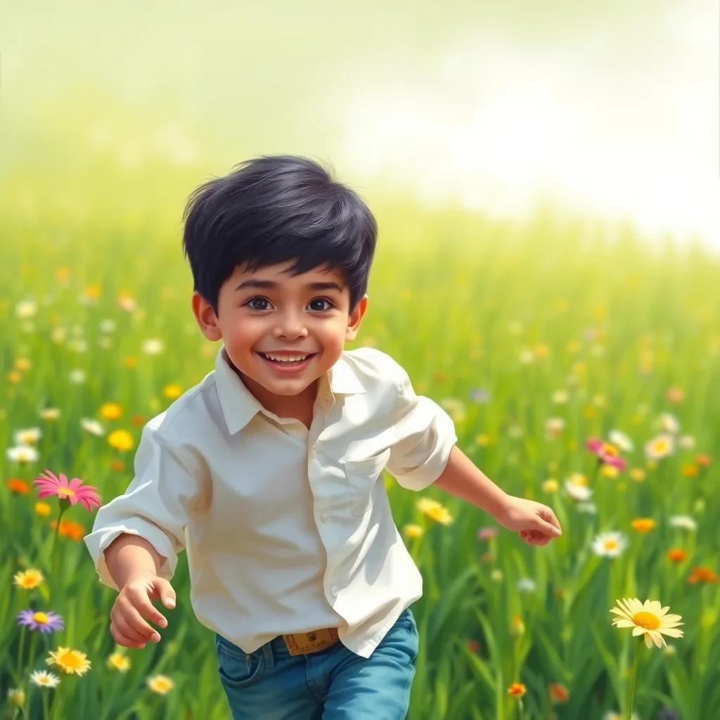 A young Arab boy, Ahmad, with short black hair wearing a simple white shirt and jeans, playing joyfully in a vibrant green field filled with flowers, digital painting, bright colors, lively atmosphere, cheerful perspective, high quality