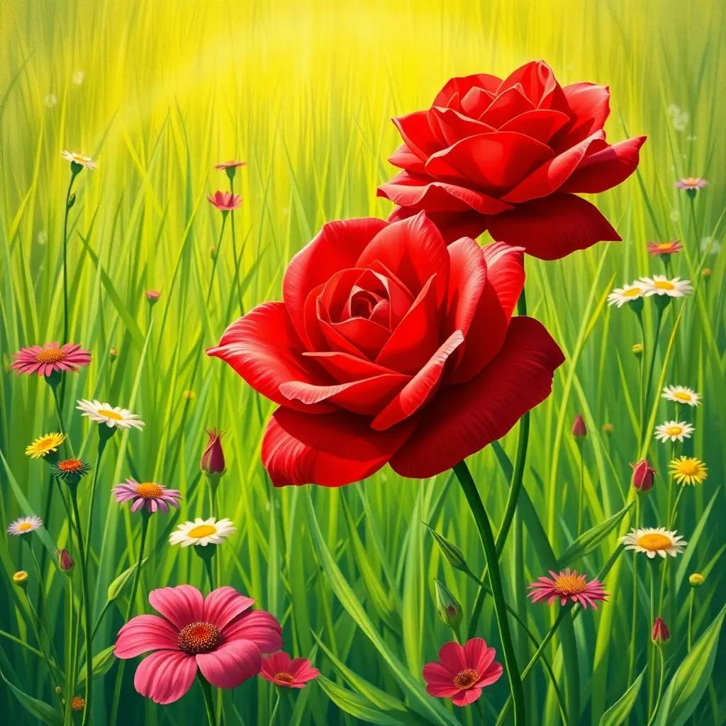 A beautiful red rose blooming in a green meadow surrounded by grass and wildflowers, capturing the sunlight, illustration, bright colors, close-up view, nature-focused
