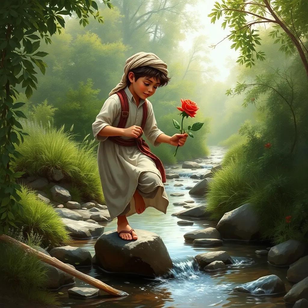 A young Arab boy, Ahmad, carefully crossing a small stream with rocks, holding a red rose delicately, surrounded by lush greenery, digital art, detailed, adventurous mood, natural light
