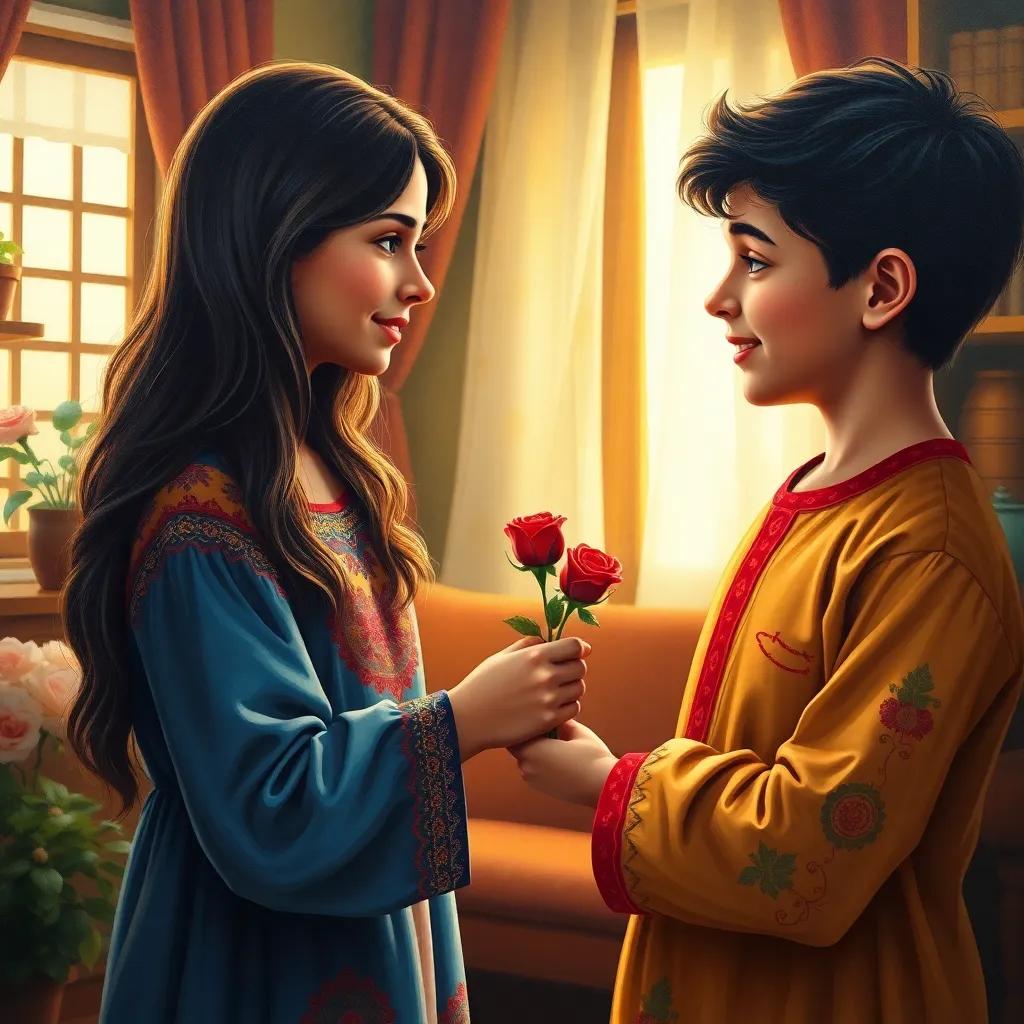 A young Arab boy, Ahmad, with a warm smile, handing a red rose to his mother, who has long dark hair and wears a simple colorful dress, in a cozy home filled with light, heartwarming scene, rich colors, emotional atmosphere