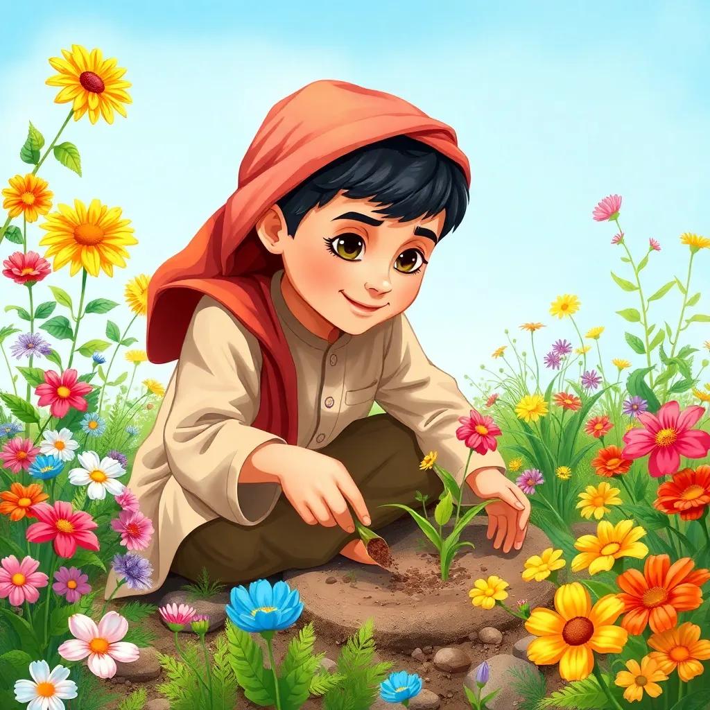 A young Arab boy, Ahmad, planting flower seeds in a small garden, surrounded by a variety of colorful flowers and greenery, under a bright blue sky, illustration, cheerful and positive, child-friendly