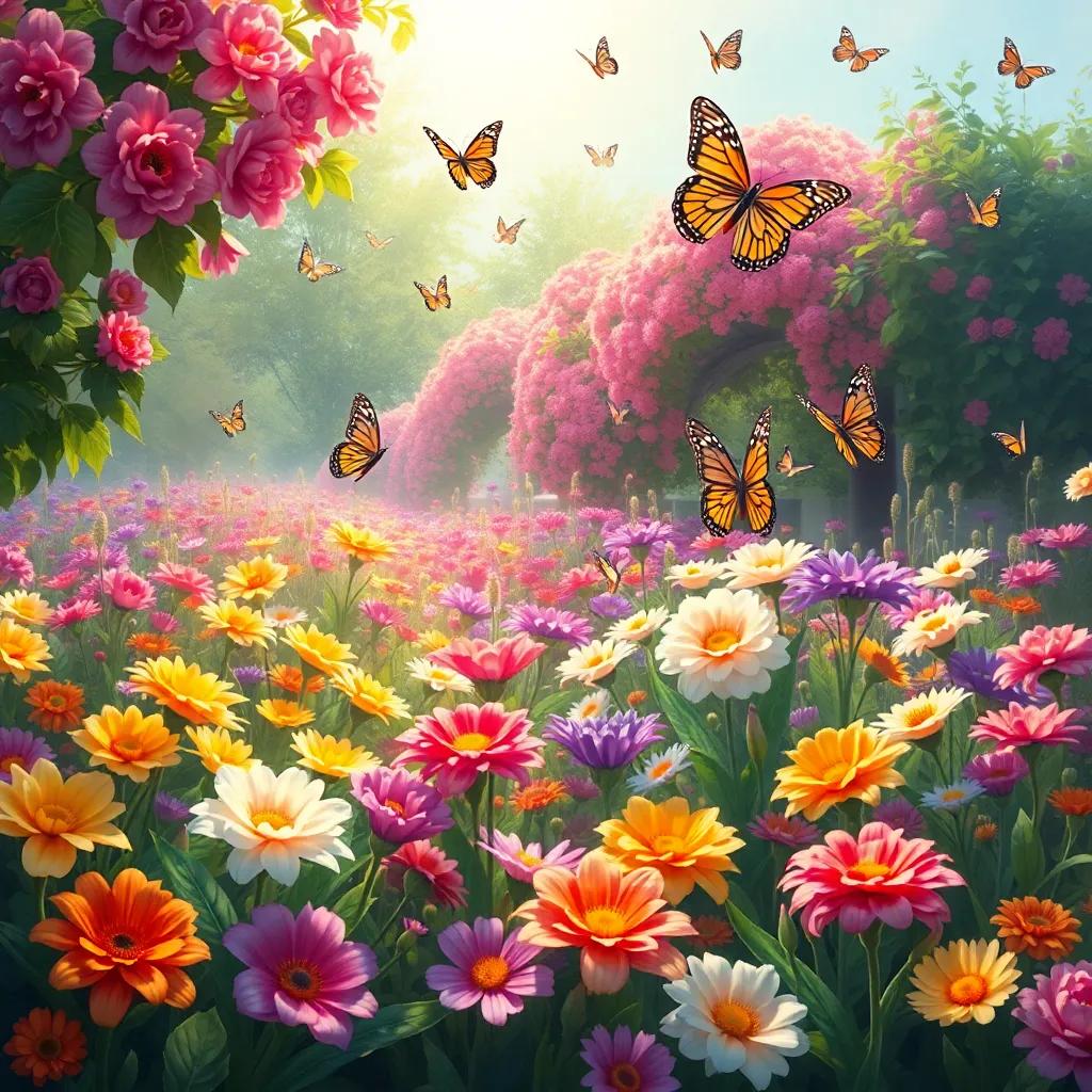A lovely garden filled with blooming flowers that Ahmad has planted, with butterflies fluttering around, creating a sense of joy and tranquility, digital painting, vibrant colors, enchanting atmosphere