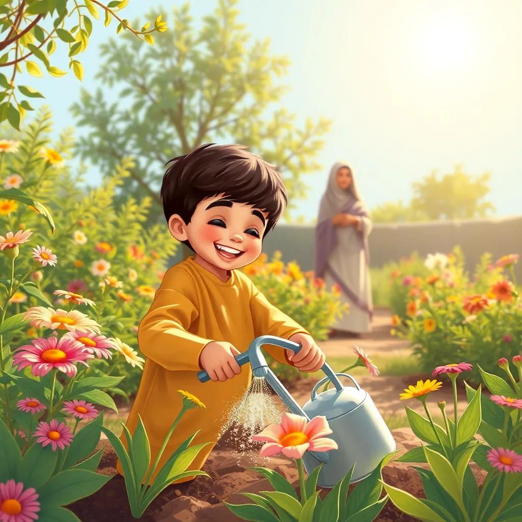 A young Arab boy, Ahmad, joyfully watering his flowers in the garden, his mother watching proudly from a distance, bright sunshine lighting up the scene, illustration, heartwarming, cheerful