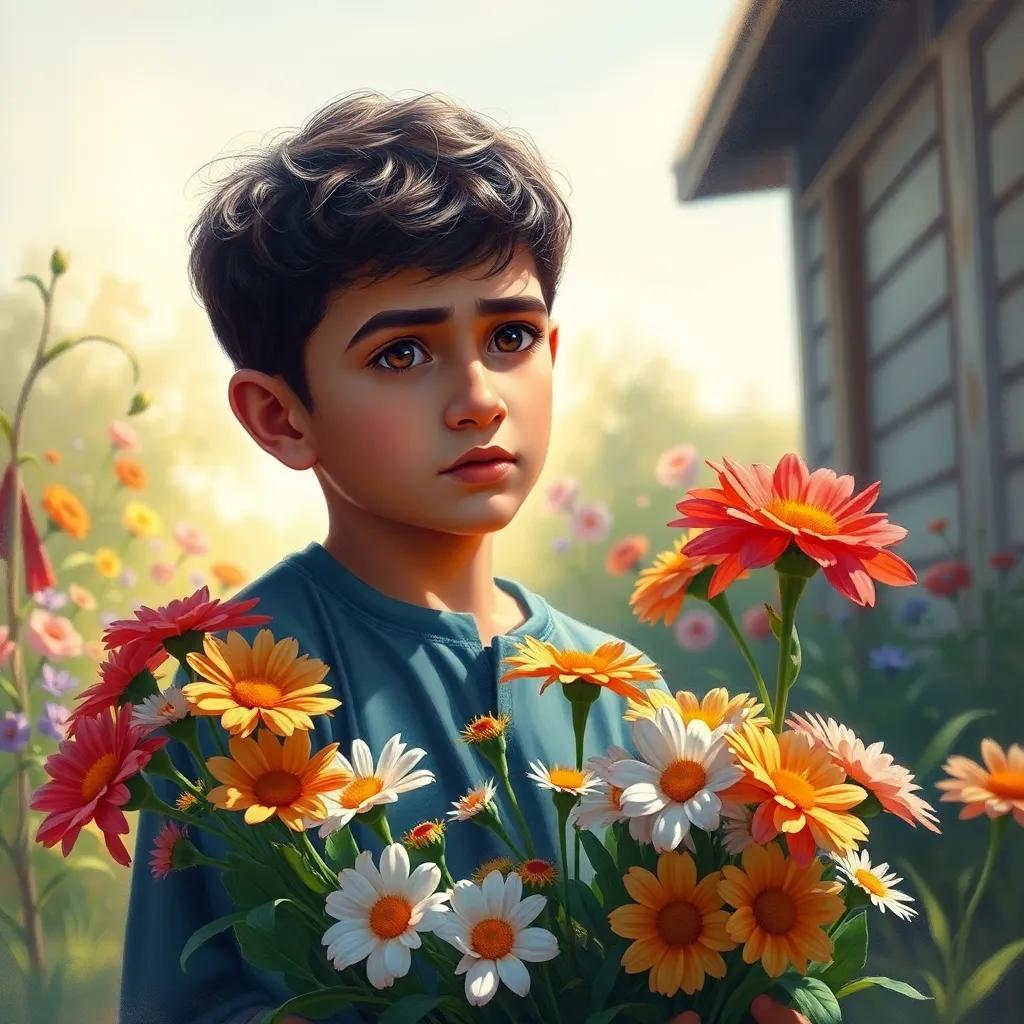 A young Arab boy, Ahmad, with a concerned look, gathering colorful flowers for his sick mother, the background showing a sunny and warm day, digital art, emotional, caring perspective, semi-realistic