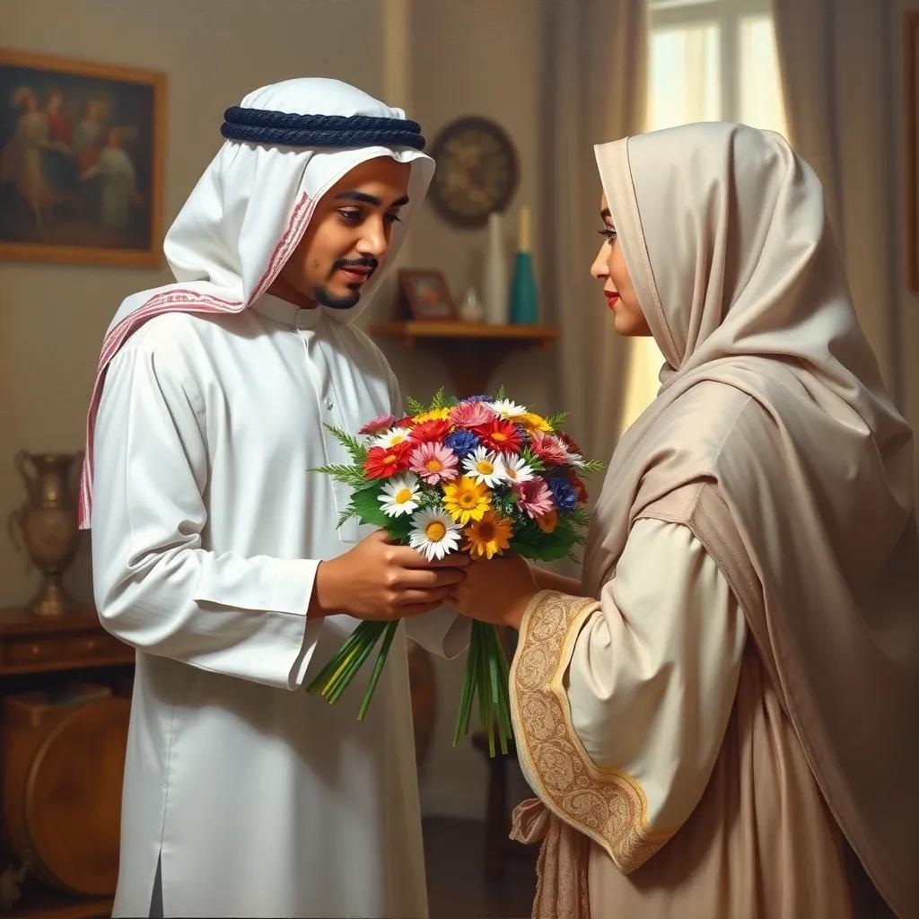 A heartfelt scene of a young Arab boy, Ahmad, handing his mother a bouquet of colorful flowers, showing her love and care, with a cozy home background, warm colors, touching moment