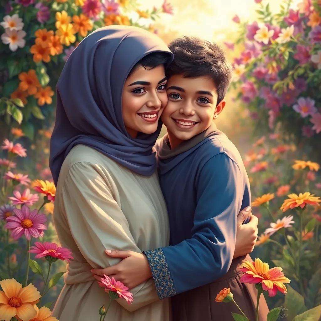 A loving embrace between Ahmad, a young Arab boy, and his mother, both smiling happily in their flower-filled garden, surrounded by bright colors, joyful and heartwarming atmosphere, digital painting, high quality
