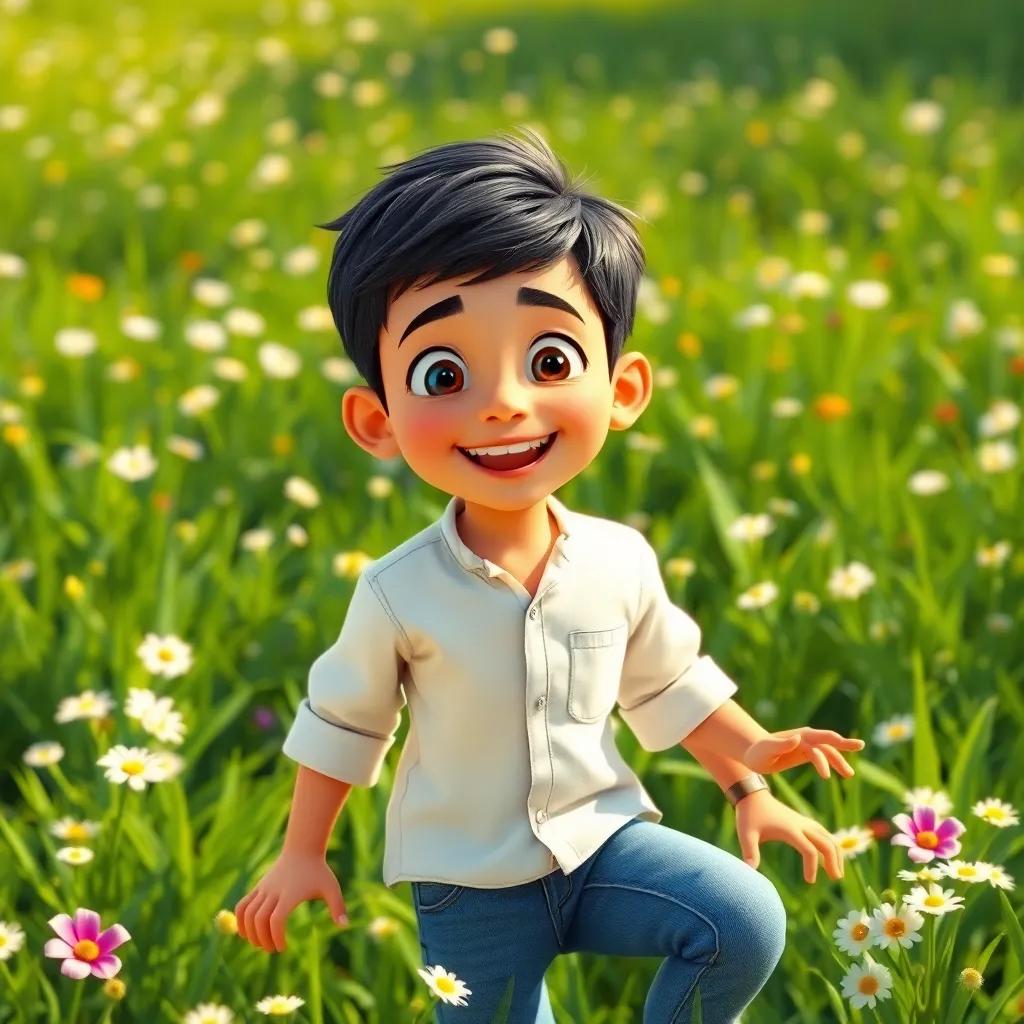 A young Arab boy, Ahmed, with short black hair, wearing a simple white shirt and jeans, playing in a lush green field filled with flowers, cheerful atmosphere, bright sunlight, happy expression