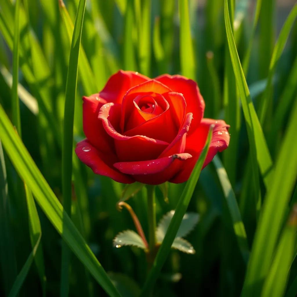 A beautiful red rose blooming between tall green grass, with morning dew glistening on the petals, close-up, vibrant colors, natural setting, gentle breeze