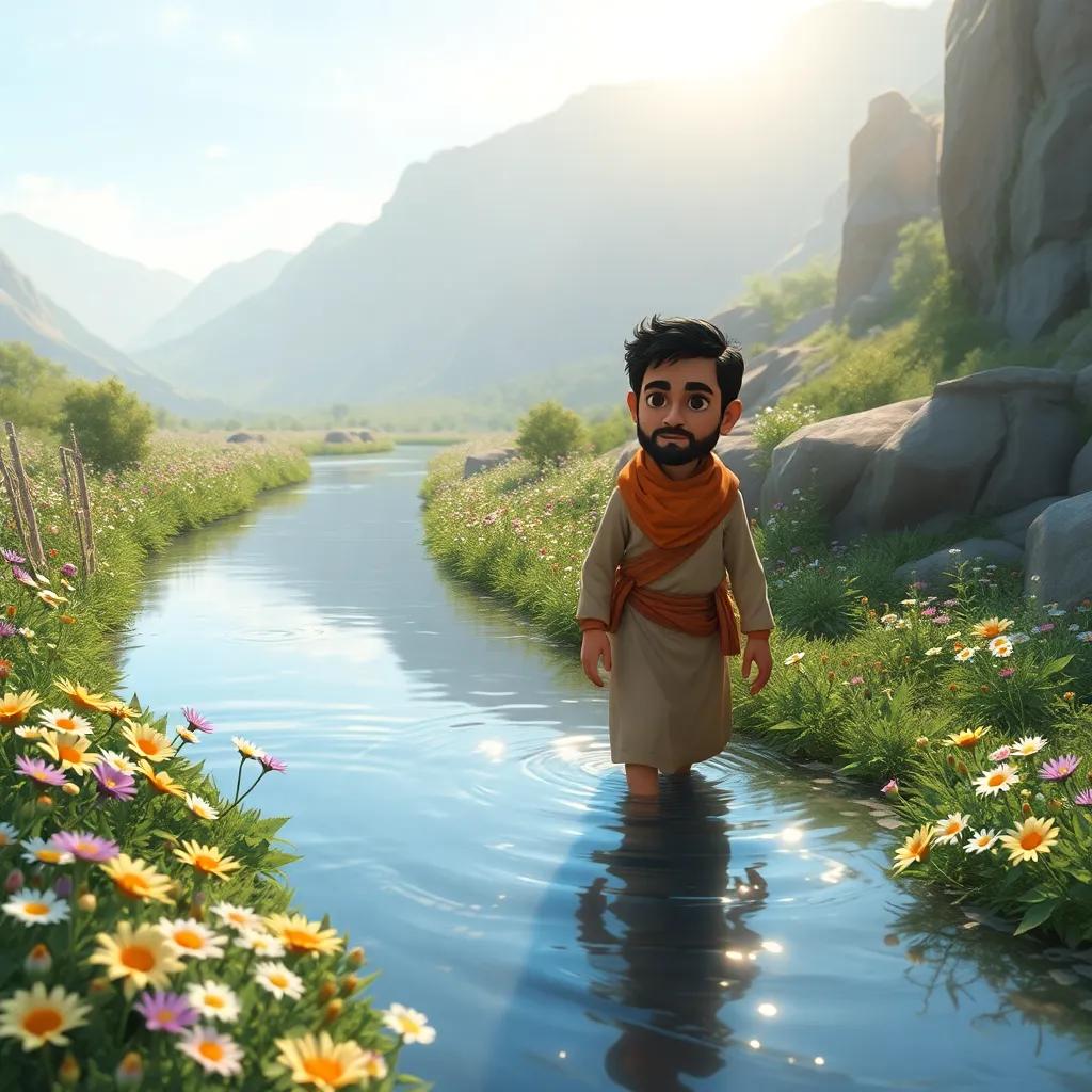 A narrow river surrounded by wildflowers, with Ahmed carefully crossing it, determined expression, the sun casting shadows, picturesque landscape, enchanting scene