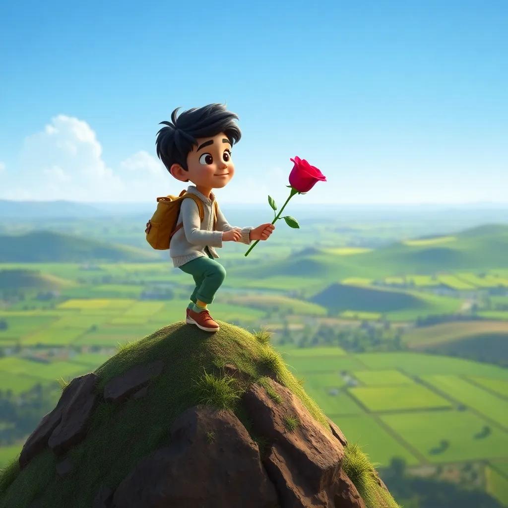 Ahmed climbing a small hill, carefully holding the red rose, looking focused, with a view of the green fields below and a clear blue sky, adventure-filled