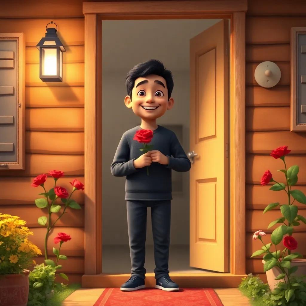Ahmed standing at the doorstep of his warm cottage, holding the red rose to his chest, his mother smiling widely and opening the door, heartwarming moment, cozy surroundings