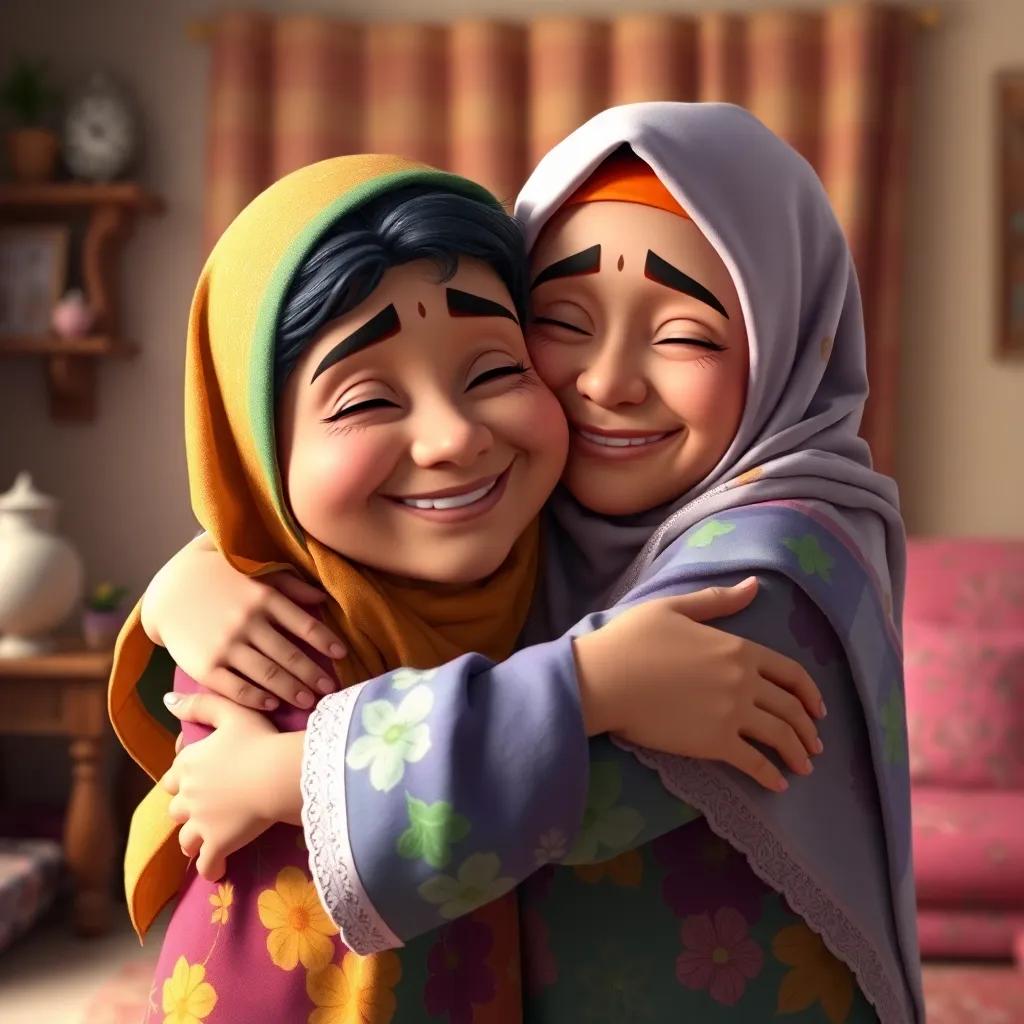 Ahmed's mother, smiling with tears of joy, embracing Ahmed tightly, wearing a colorful traditional dress and hijab, in a cozy home, filled with warmth and love