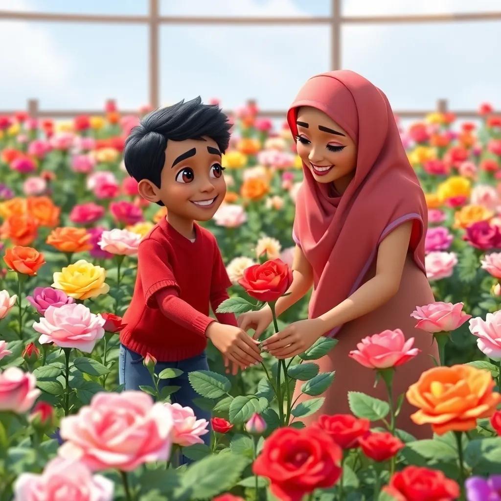 A beautiful garden filled with different colored roses, with Ahmed and his mother planting the red rose together, joyful atmosphere, bright flowers, sense of accomplishment