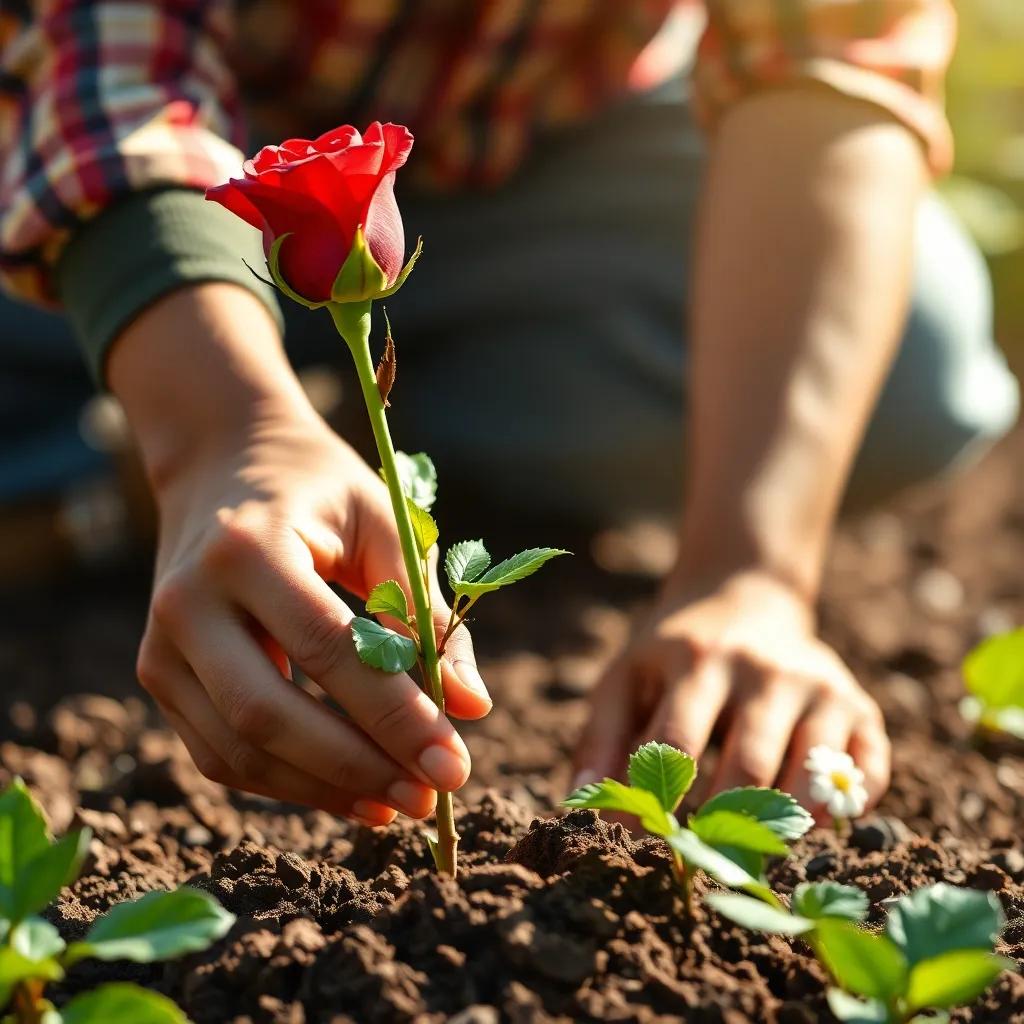 A close-up of the red rose being gently planted in the garden, with Ahmed's hands working carefully in the soil, nurturing spirit, bright sunlight, life thriving