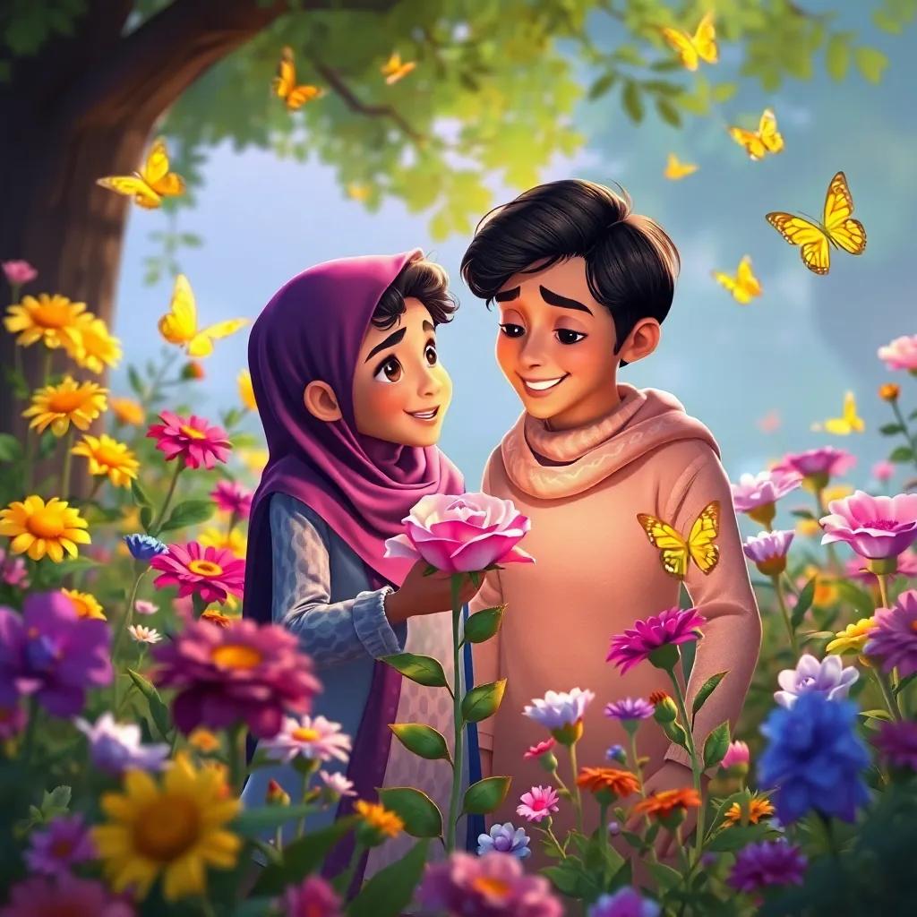 A blossoming garden with various flowers and butterflies fluttering around, Ahmed and his mother admiring the rose together, hopeful ambiance, serene feeling