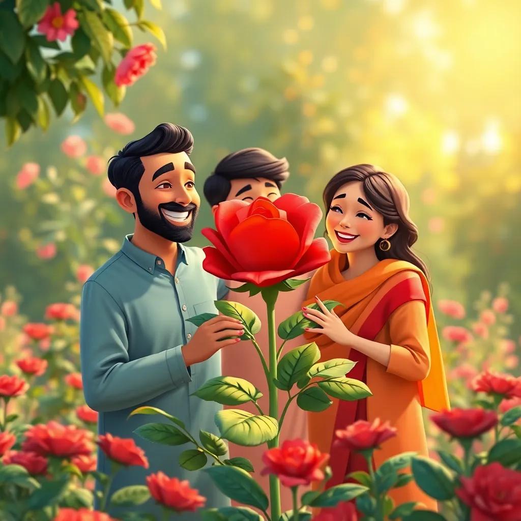 Ahmed and his family surrounded by the blooming red rose, laughing together as they enjoy their beautiful garden, warm colors, happiness and togetherness