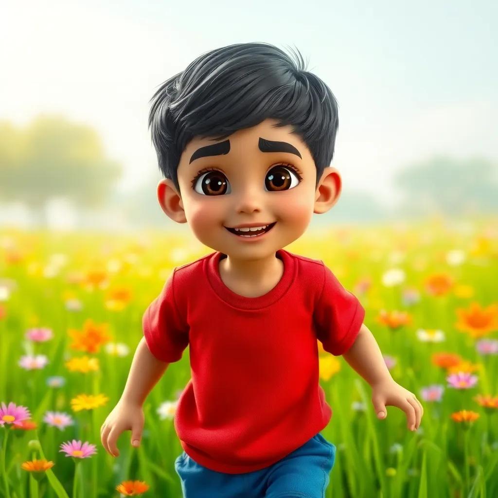A young Arab boy, Ahmad, with short black hair wearing a red shirt and blue shorts, playing in a bright green field with colorful flowers around him, cheerful atmosphere, digital art, vibrant colors, high quality