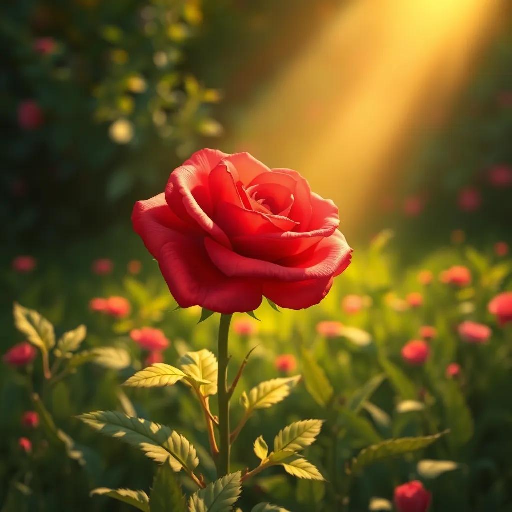 A beautiful red rose in a lush green field with sunlight shining on it, detailed illustration, warm colors, inviting atmosphere, high quality