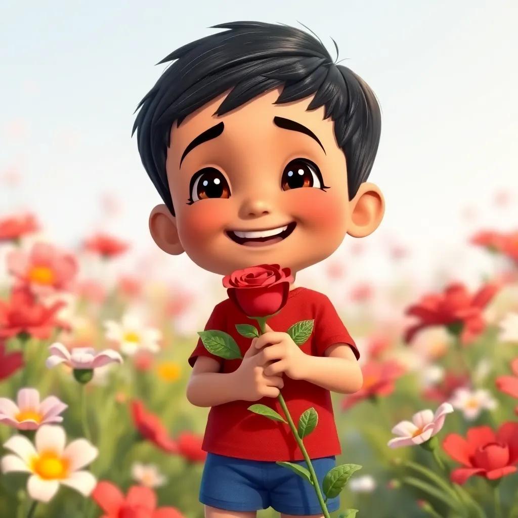 Ahmad, a young Arab boy with short black hair wearing a red shirt and blue shorts, smiling joyfully while holding the red rose in his hands, surrounded by a field of flowers, bright colors, child-friendly scene, high quality