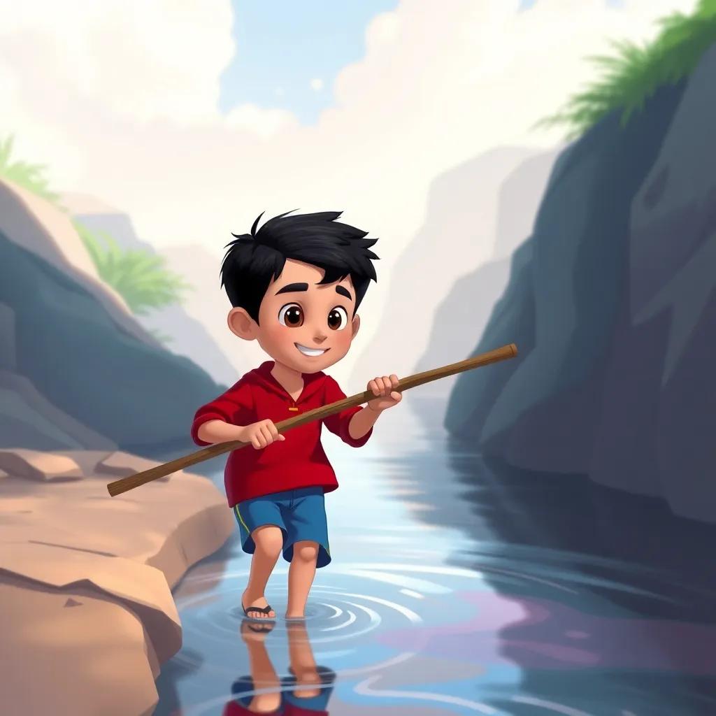 Ahmad, a young Arab boy with short black hair wearing a red shirt and blue shorts, carefully crossing a narrow river using a stick for balance, adventurous spirit, vibrant colors, child-friendly, high quality