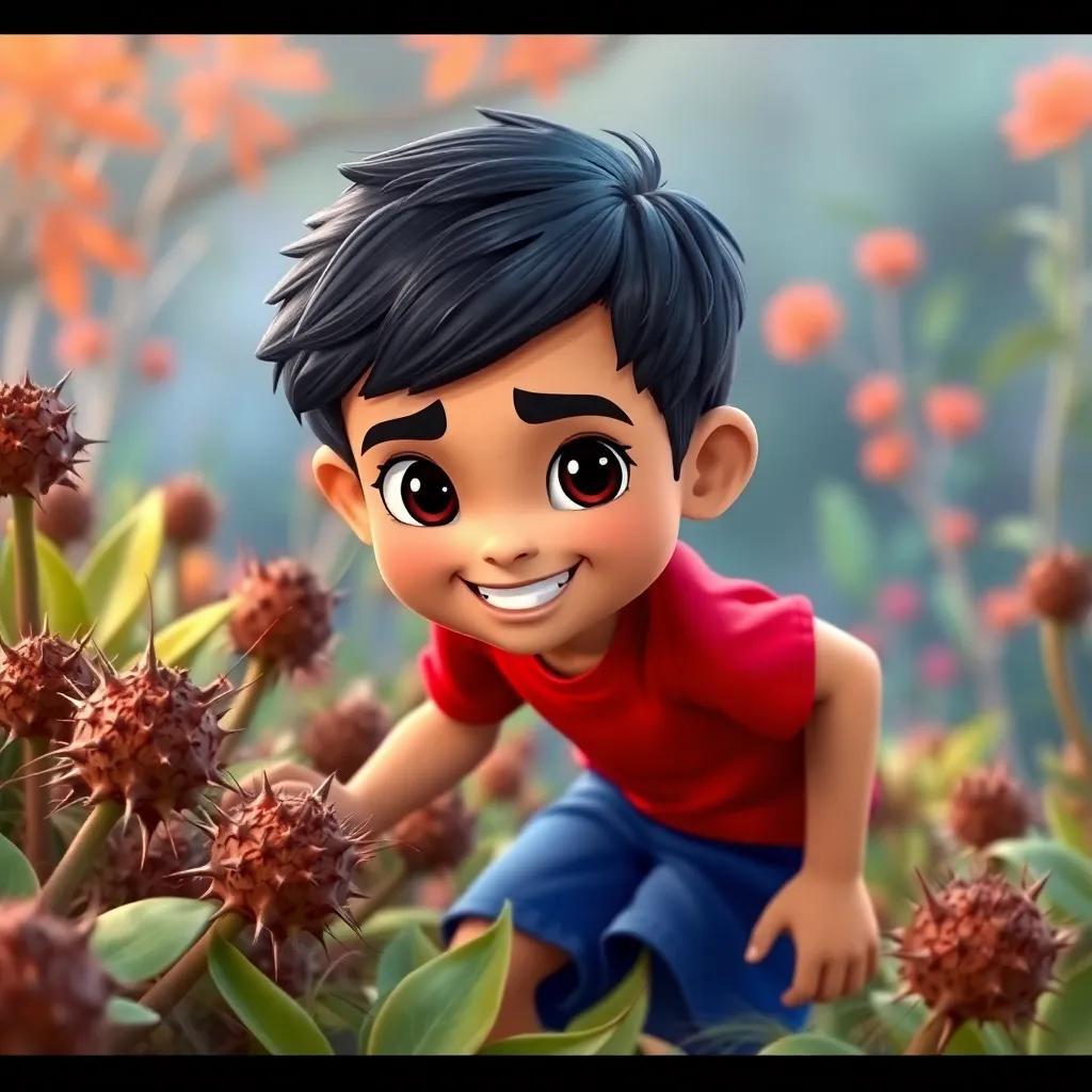 Ahmad, a young Arab boy with short black hair wearing a red shirt and blue shorts, navigating through thorny plants, determination on his face, colorful nature background, joyful and engaging, high quality