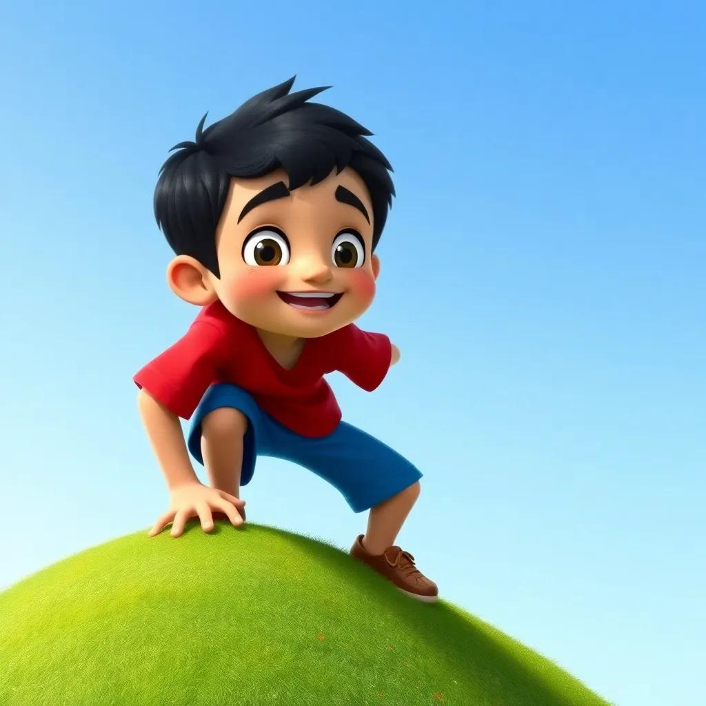 Ahmad, a young Arab boy with short black hair wearing a red shirt and blue shorts, climbing a small green hill with a clear blue sky, excitement in his expression, adventurous, bright colors, high quality