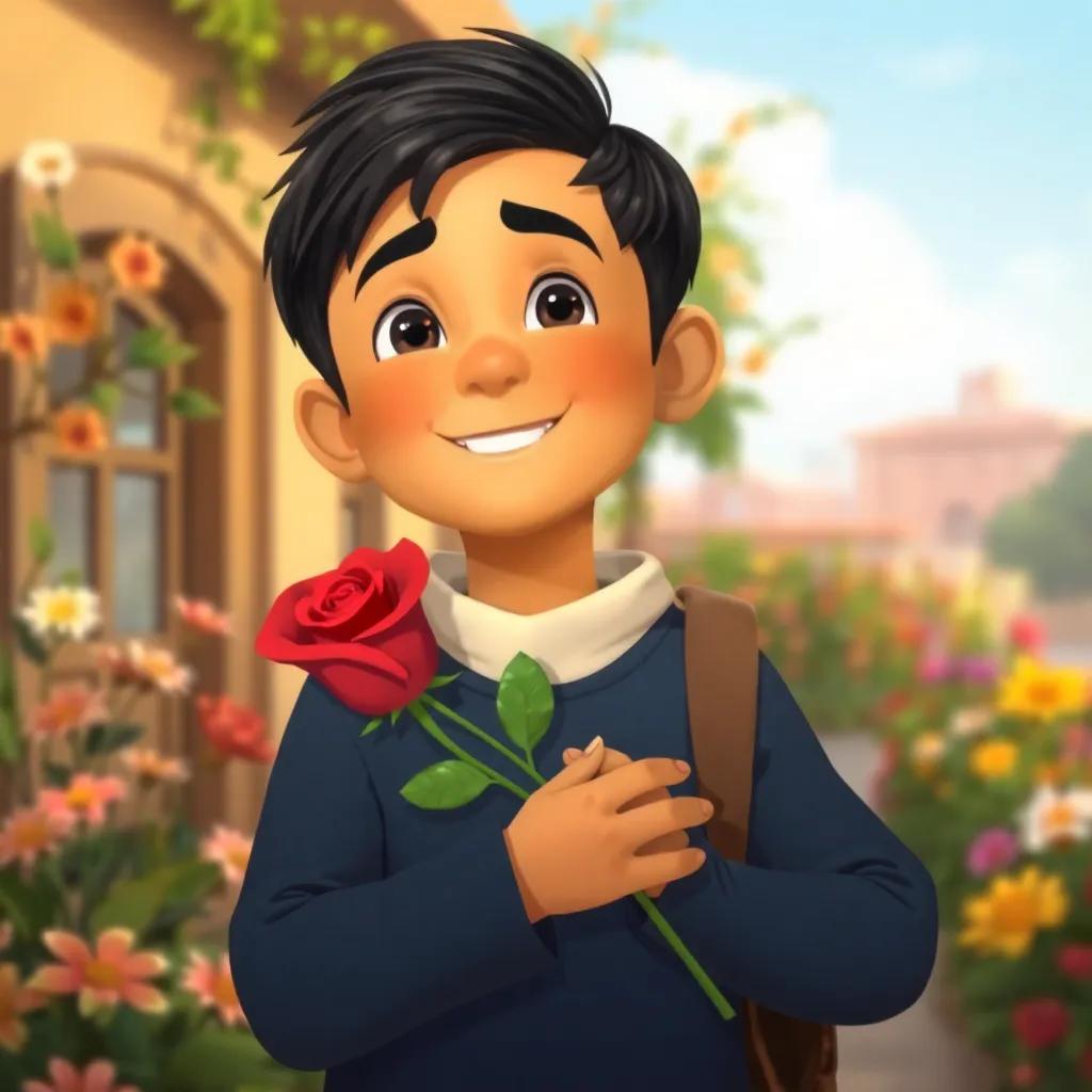 Ahmad, a young Arab boy with short black hair, finally reaching home with a happy expression, holding the red rose close to his heart, colorful flowers around, warm welcome, high quality