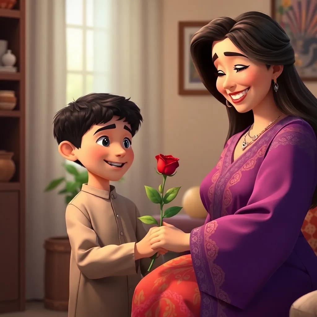 Ahmad, a young Arab boy with short black hair, presenting the red rose to his mother, a woman with long hair wearing a colorful dress, both smiling and emotional in a cozy home setting, heartwarming, high quality