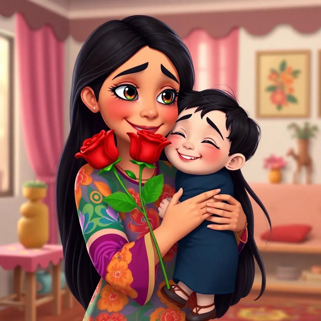 Ahmad's mother, a woman with long dark hair wearing a colorful dress, holding the red rose with tears of joy in her eyes as she hugs Ahmad, colorful home background, friendly and warm, high quality