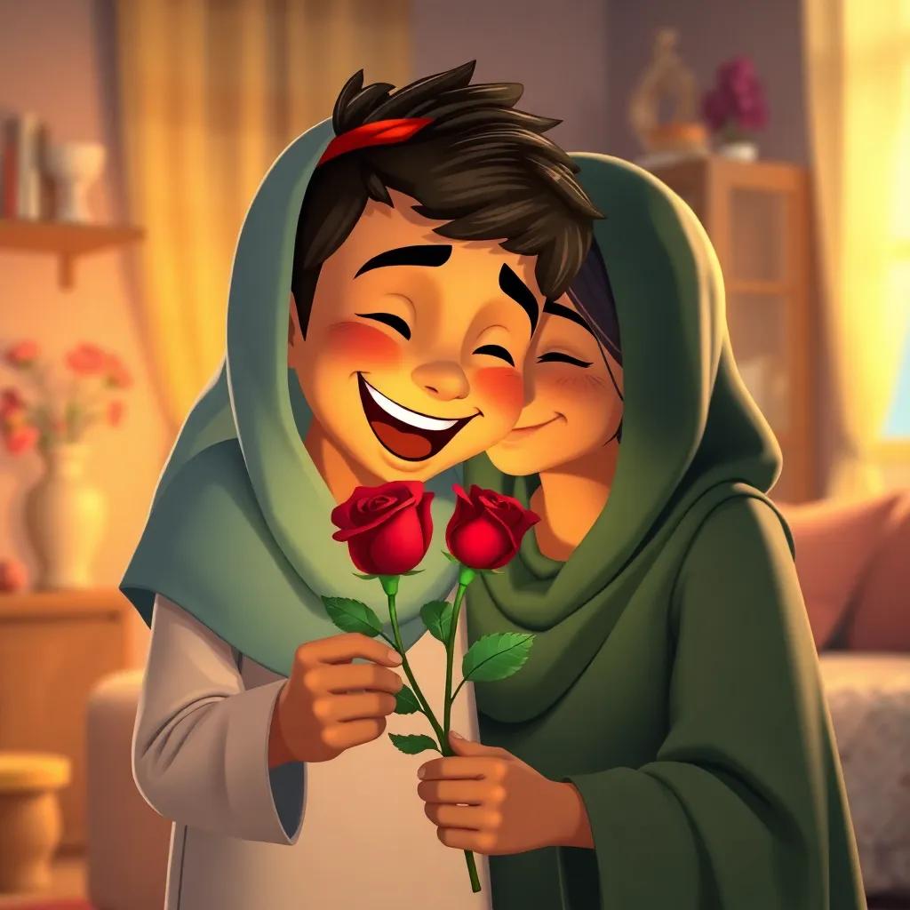 Ahmad, a joyful Arab boy with a red rose in his hands, sharing a moment with his mother, surrounded by a warm home atmosphere filled with love, high quality