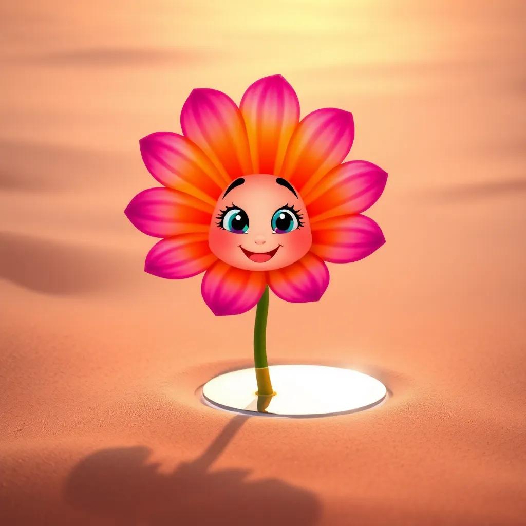 A beautiful flower in the desert, surrounded by dry sand, with bright petals, proudly looking at her reflection in a small mirage, morning light, vibrant colors, cheerful expression, digital art, child-friendly