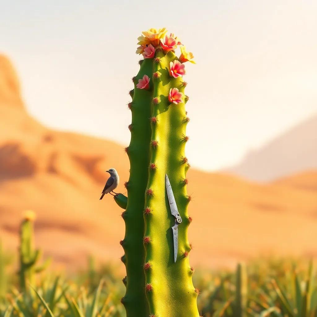 A cactus standing tall in the hot sun, with green flesh and a few colorful flowers growing on it, a bird perched on its edge drinking water, warm light, realistic style, high quality