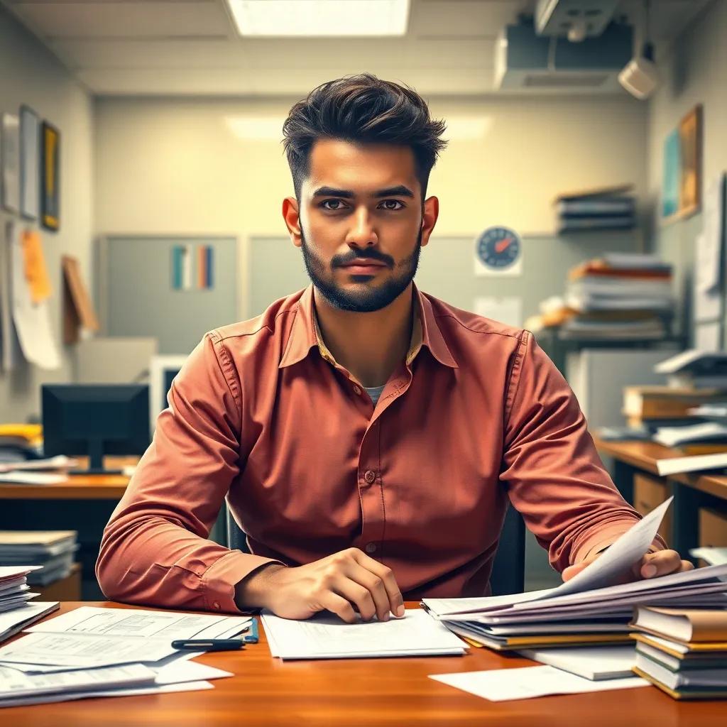 A young ambitious man, Salem, with a determined expression, sitting at a desk in a busy office, surrounded by paperwork, digital art, detailed, bright colors, energetic atmosphere, high quality