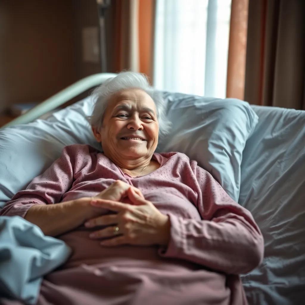 An elderly woman, Salem's mother, lying on a hospital bed, with a warm smile despite her weakness, holding Salem's hand, soft lighting, gentle colors, emotional atmosphere, high quality