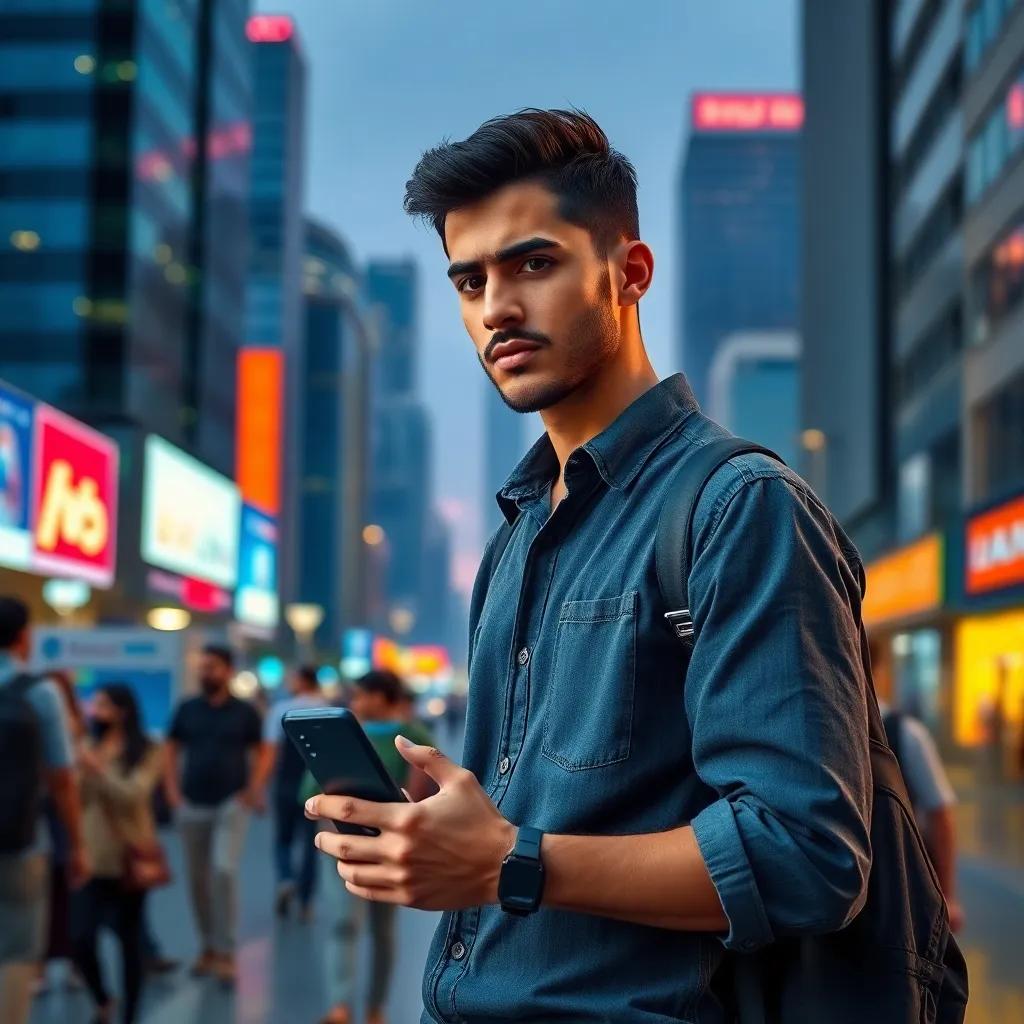 A young Arab man, Salem, looking worried while holding a phone in a busy city setting, wearing jeans and a shirt, city skyline in the background, digital art, vibrant colors, high quality