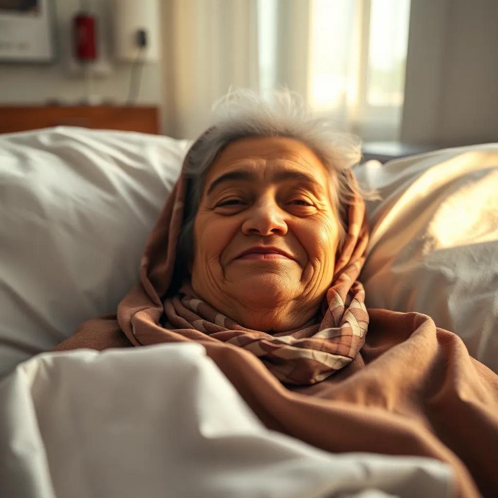 Elderly Arab woman, Salem's mother, lying in a hospital bed with a faint smile, surrounded by soft light, feeling warm and comforting, touching atmosphere