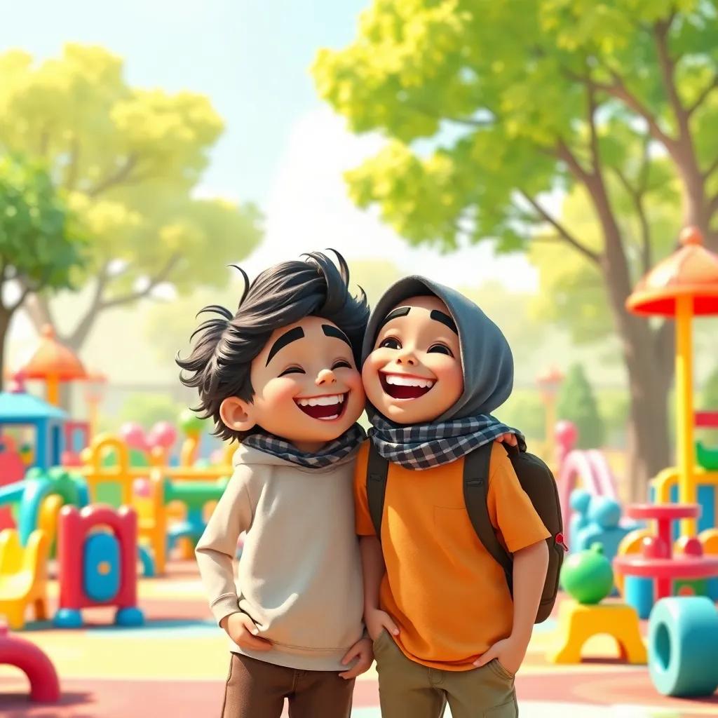 Two best friends, Ali and Fahd, laughing together in a playground filled with colorful toys and trees, joyful expressions, children in casual clothes, a sunny day, cheerful and vibrant colors, inviting atmosphere, digital art, high quality