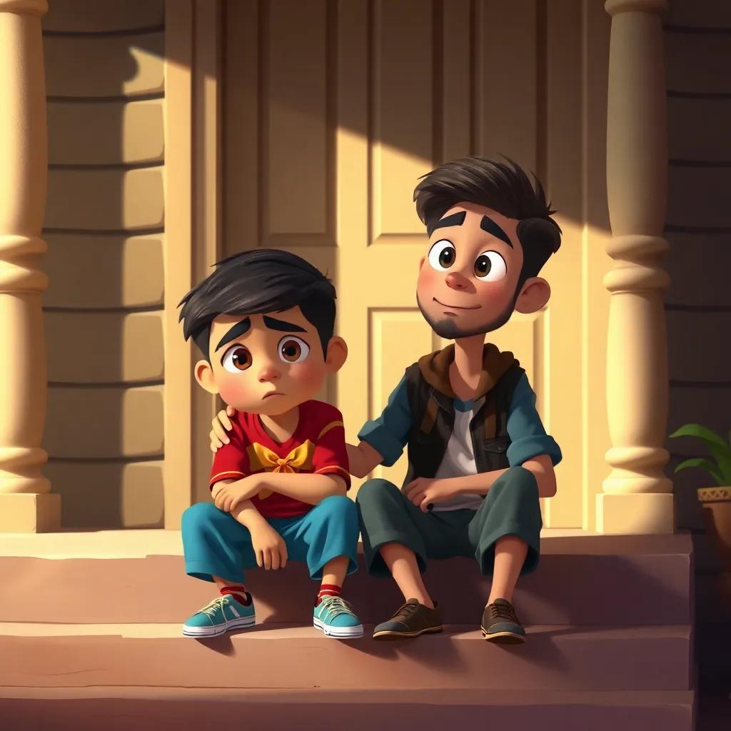 A worried boy, Fahd, sitting on the steps of a house, looking sad, with his friend Ali beside him offering support, both in casual clothes, warm light, emotional yet hopeful scene, digital painting, child-friendly and heartwarming