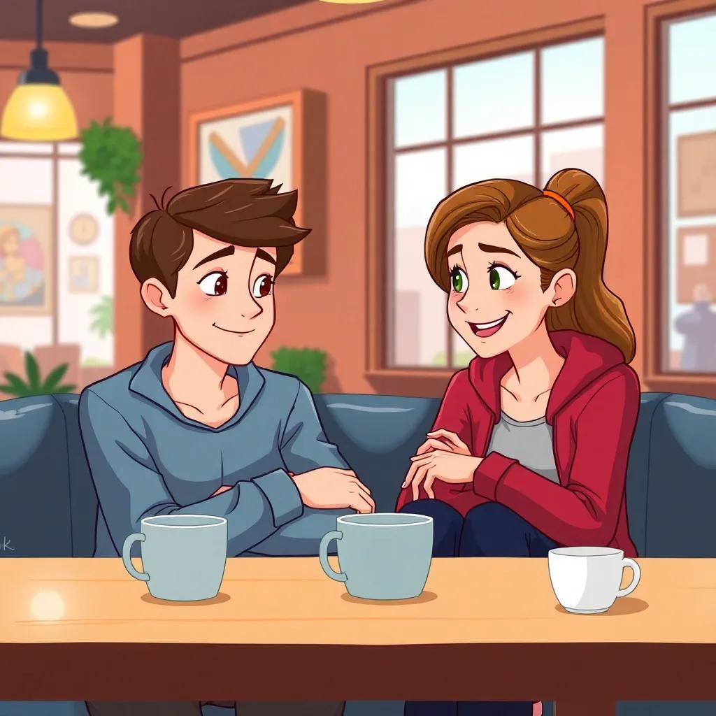 Two friends sitting in a cafe planning their way to help, coffee cups in front of them, discussing seriously but with smiles, warm and cozy atmosphere, bright colors, illustration, engaging and friendly