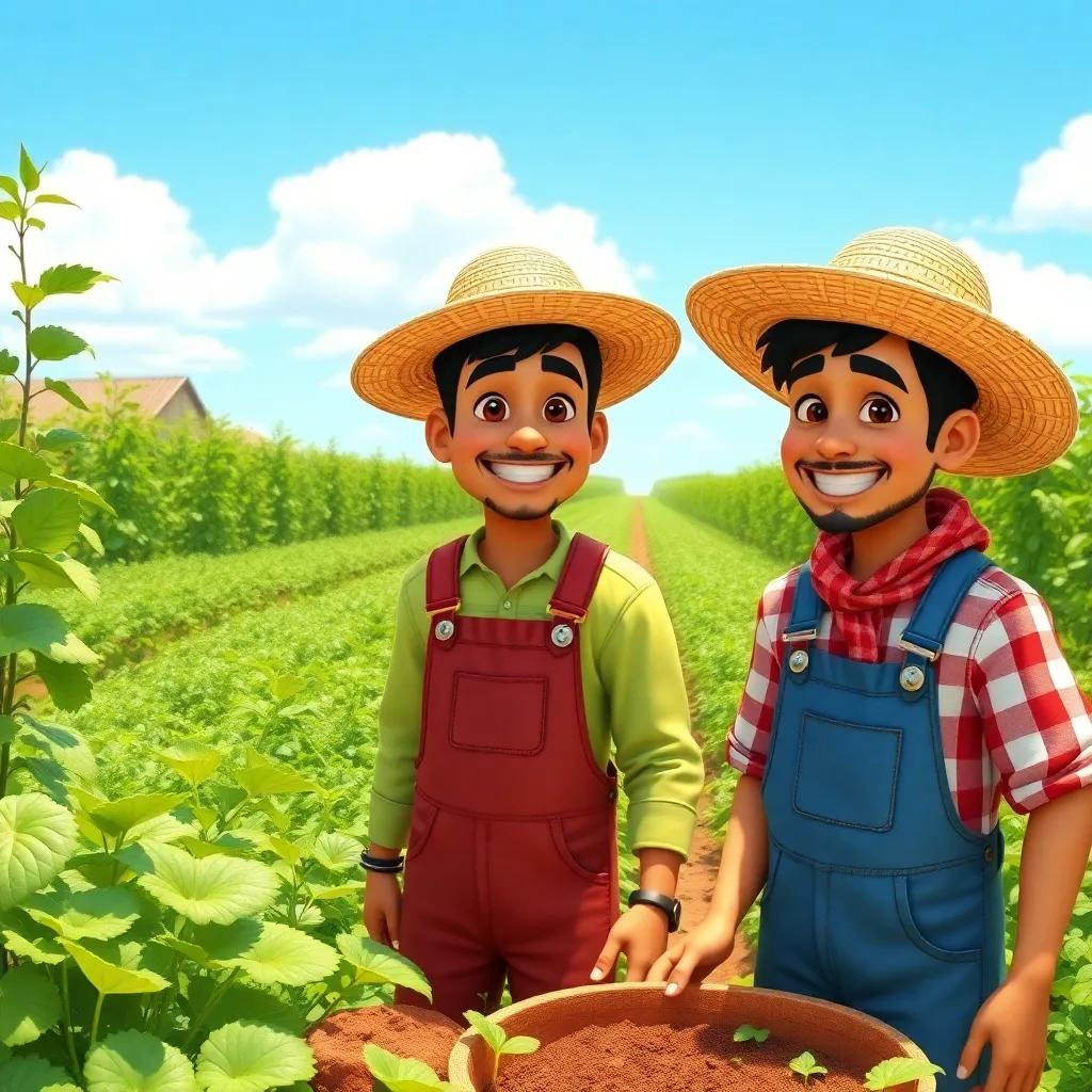 Ali and Fahd, working on a farm together, wearing overalls and straw hats, surrounded by greenery, smiling while doing chores, bright sunny day, cheerful and productive scene, vibrant colors, joyful teamwork