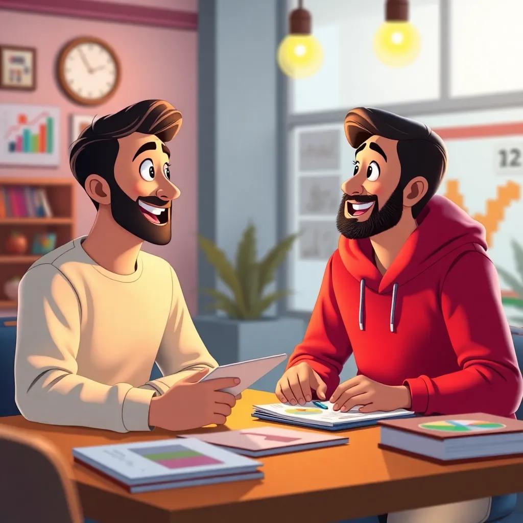 Ali looking excitedly at Fahd while discussing their savings for a project, with colorful charts and notebooks around them, bright and motivating environment, creative illustration, warm lighting, engaging colors