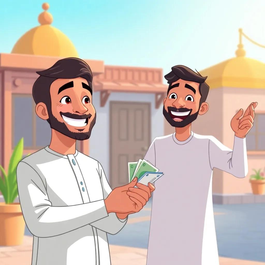 Fahd with a big smile as he pays his rent, holding cash in his hand, while Ali stands beside him cheering, happy atmosphere, warm and affirming scene, illustration, bright and inviting colors