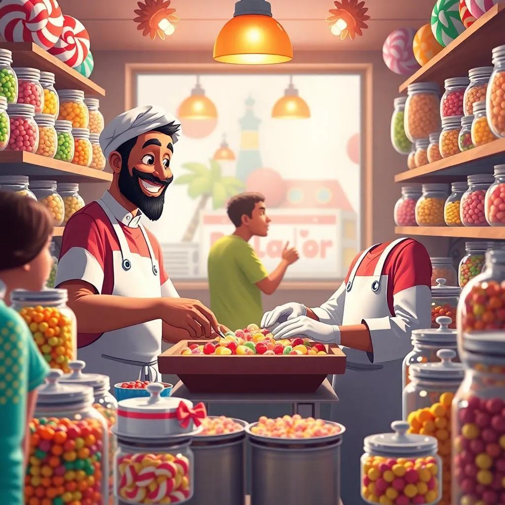 Ali and Fahd working hard in their candy store, making sweets with happy customers around, colorful jars of candy everywhere, busy and joyful scene, digital art, uplifting and fun