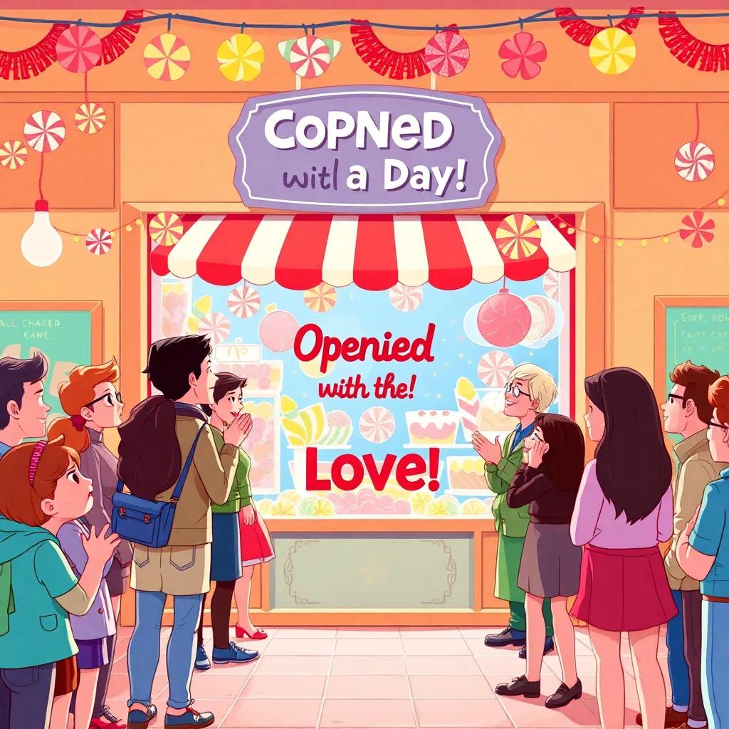 The opening day of their candy shop with a sign that says 'Opened with Love!', excited customers around, festive decorations, bright colors, cheerful atmosphere, illustration, community-focused