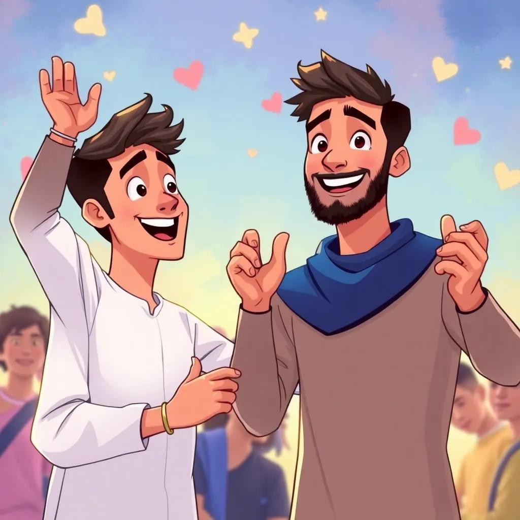 Ali and Fahd celebrating their success with their friends around them, exploring the importance of friendship, cheerful expressions, colorful background, digital painting, heartwarming scene