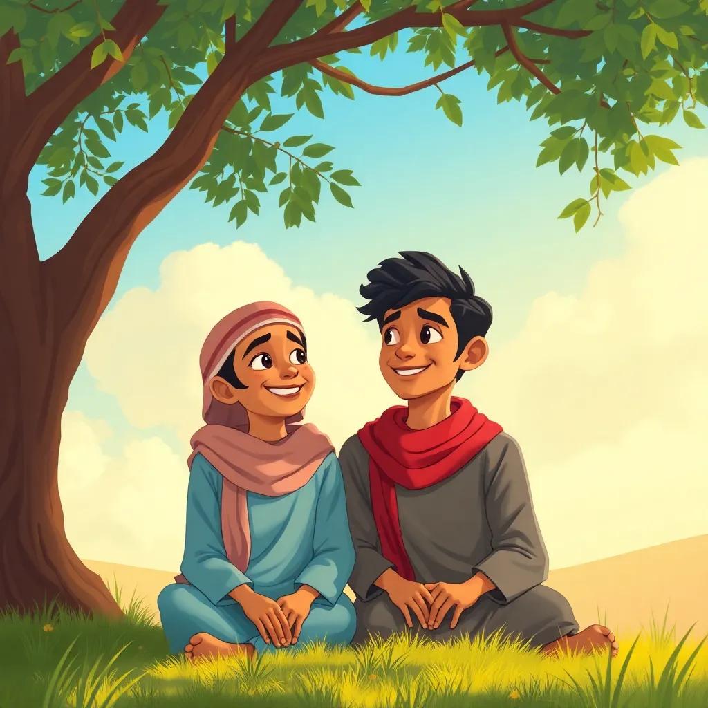 Ali and Fahd reflecting on their journey together, sitting under a tree with smiles, sunny day, warm colors and a sense of peace, illustration, loved and cherished friendship